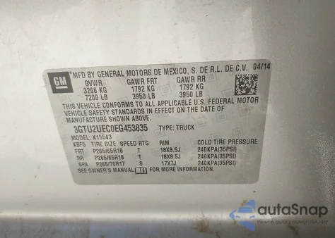 2014 GMC Sierra 1500 Sle z USA, uszkodzony, nr VIN 3GTU2UEC0EG453835